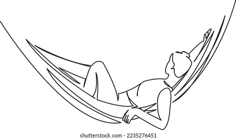 One continuous single drawing line art flat doodle girl, hammock, female, relax, lifestyle. Isolated image hand draw contour on a white background
