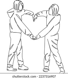 One continuous single drawing line art flat doodle sign, line, symbol, icon, girl, heart, happy, love, woman, together. Isolated image hand draw contour on a white background
