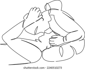One continuous single drawing line art flat doodle together, beautiful, relationship, couple, young, kiss, romantic, happiness. Isolated image hand draw contour on a white background
