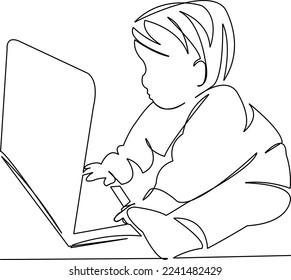 One continuous single drawing line art flat doodle child, kid, computer, happy, laptop, internet, technology. Isolated image hand draw contour on a white background
