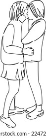Una línea de dibujo continua de una chica de garabato plano, joven, dos, pareja, hembra, romántico, pasión, labios. Contorno de dibujo a mano de imagen aislada en un fondo blanco
