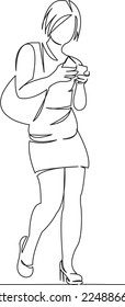 One continuous single drawing line art flat doodle element, girl, woman, beautiful, fashion, female, stylish, phone, shoe. Isolated image hand draw contour on a white background
