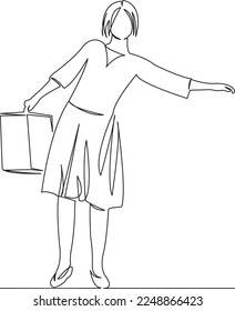 One continuous single drawing line art flat doodle female, suitcase, girl, travel, luggage, journey. Isolated image hand draw contour on a white background
