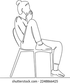 Eine durchgängige, einzelne Zeichnungslinie Kunst flach doodle weiblich, Mädchen, Stuhl, jung, Frau, sitzend. Einziger handgezeichneter Hintergrund
