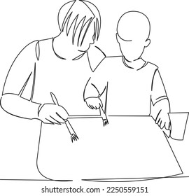 One continuous single drawing line art flat doodle art, paint, mother, brush, son, education, artist, color, painter. Isolated image hand draw contour on a white background
