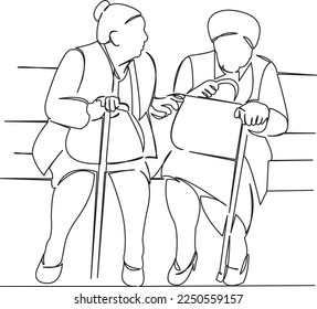 One continuous single drawing line art flat doodle senior, female, old, people, outdoor, two, woman, grandmother, leisure. Isolated image hand draw contour on a white background
