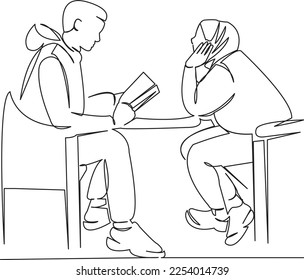Eine durchgängige Single-Zeichnungslinie Kunst flach doodle Student, Mädchen, Muslim, Junge, Kind, Jugend, zusammen, Arab, Klassenzimmer. Einziger handgezeichneter Hintergrund
