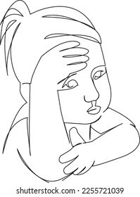 One continuous single drawing line art flat doodle design, face, girl, little, portrait, baby, childhood, adorable. Isolated image hand draw contour on a white background
