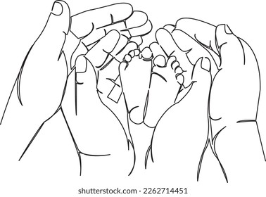 One continuous single drawing line art flat doodle hand, small, parent, dad, mom, leg, mother, child, love, father, foot, newborn. Isolated image hand draw contour on a white background
