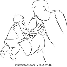 One continuous single drawing line art flat doodle parent, happy, love, woman, mother, father, family, mom, muslim, asian, dad. Isolated image hand draw contour on a white background
