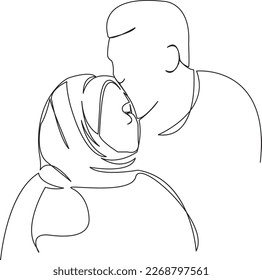 One continuous single drawing line art flat doodle  muslim couple in love kiss husband wife care beauty religion. Isolated image hand draw contour on a white background
