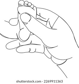 One continuous single drawing line art flat doodle finger, infant, mother, newborn, parent, foot, tenderness. Isolated image hand draw contour on a white background
