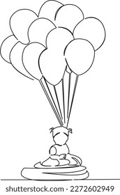 One continuous single drawing line art flat doodle  balloon, childhood, girl, child, birthday, fun, happiness, celebration. Isolated image hand draw contour on a white background
