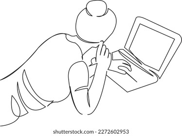 One continuous single drawing line art flat doodle  laptop, bed, girl, female, internet, lying, woman, bedroom, technology, leisure. Isolated image hand draw contour on a white background
