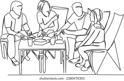 One continuous single drawing line art flat doodle  family, happy, nature, outdoor, leisure, holiday, picnic, park, food. Isolated image hand draw contour on a white background
