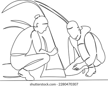 One continuous single drawing line art flat doodle  couple, love, man, tent, nature, outdoor, lifestyle, camping, tourist. Isolated image hand draw contour on a white background
