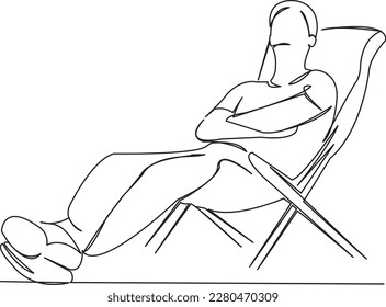 One continuous single drawing line art flat doodle  vacation, male, tourist, holiday, man, tourism, chair, leisure. Isolated image hand draw contour on a white background
