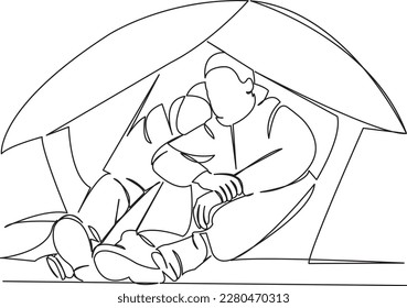One continuous single drawing line art flat doodle  outdoor, couple, woman, vacation, man, tent, love, together, romantic, camping, tourism. Isolated image hand draw contour on a white background
