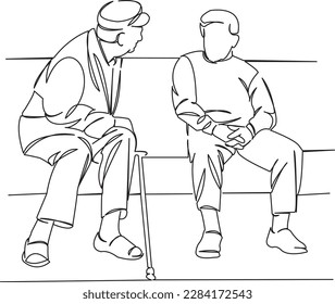 One continuous single drawing line art flat doodle old, senior, two, people, older, male, sitting, mature, friend, together, cheerful. Isolated image hand draw contour on a white background
