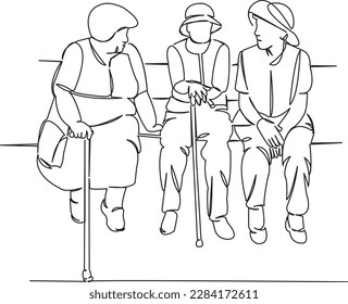 One continuous single drawing line art flat doodle people, bench, elderly, female, woman, senior, hat, grandmother, friendship, pensioner. Isolated image hand draw contour on a white background
