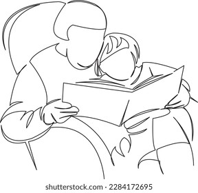 One continuous single drawing line art flat doodle grandmother, adult, female, child, book, family, senior, learning, granddaughter. Isolated image hand draw contour on a white background
