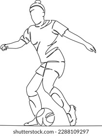 One continuous single drawing line art flat doodle sport, football, ball, player, soccer, goal, female, run. Isolated image hand draw contour on a white background
