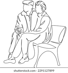 One continuous single drawing line art flat doodle  love, man, old, senior, people, couple, pensioner, aged, happiness. Isolated image hand draw contour on a white background
