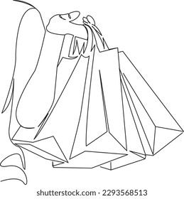 Una línea de dibujo única continua arte garabato plano continuo, bolsa, venta, moda, hembra, compra, regalo, compra, tienda, tienda. Contorno de dibujo a mano de imagen aislada en un fondo blanco
