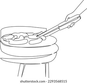One continuous single drawing line art flat doodle  charcoal, grill, barbecue, cooking, meat, food, cook, roast, steak, smoke, beef. Isolated image hand draw contour on a white background
