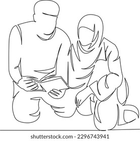 One continuous single drawing line art flat doodle  love, muslim, wife, woman, couple, arab, islamic, pray. Isolated image hand draw contour on a white background
