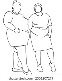 One continuous single drawing line art flat doodle  female, people, friend, women, young, beauty, friendship, two, large, plus, obese. Isolated image hand draw contour on a white background
