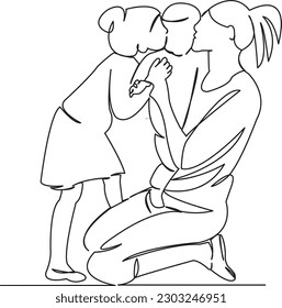 Una línea de dibujo continua arte de garabato plano madre, amor, niño, bebé, familia, niño, niñez, felicidad, mamá, diversión. Contorno de dibujo a mano de imagen aislada en un fondo blanco
