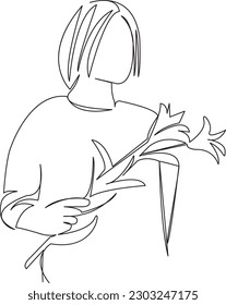 One continuous single drawing line art flat doodle  flower, female, girl, woman, fashion, bouquet, floral. Isolated image hand draw contour on a white background
