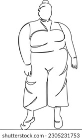 Una línea de dibujo continua arte de un doodle plano sobrepeso, estilo de vida, gordo, mujer, verano, playa, más, moda, sexy. Contorno de dibujo a mano de imagen aislada en un fondo blanco
