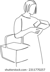 One continuous single drawing line art flat doodle  woman, supermarket, market, store, grocery, food, sale, consumer, buyer. Isolated image hand draw contour on a white background
