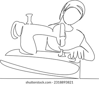 One continuous single drawing line art flat doodle  seamstress, sewing, cloth, thread, work, machine, atelier. Isolated image hand draw contour on a white background
