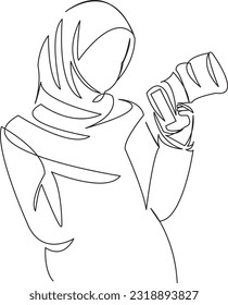 One continuous single drawing line art flat doodle  muslim, photographer, camera, girl, woman, islamic, photography, arab, tourism. Isolated image hand draw contour on a white background
