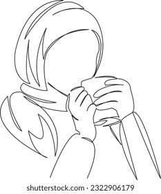 One continuous single drawing line art flat doodle  female, coffee, tea, muslim, lifestyle, islamic, cup, drink, person. Isolated image hand draw contour on a white background
