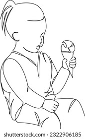 One continuous single drawing line art flat doodle  kid, cream, cute, ice, girl, cone, childhood, food, fun, dessert. Isolated image hand draw contour on a white background
