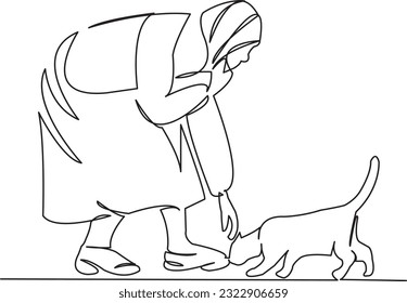 One continuous single drawing line art flat doodle  cat, pet, woman, grandmother, elderly, senior, pensioner, age. Isolated image hand draw contour on a white background
