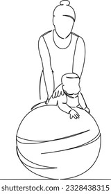 One continuous single drawing line art flat doodle  exercise, gymnastic, mom, health, mother, child, ball, sport. Isolated image hand draw contour on a white background
