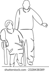 One continuous single drawing line art flat doodle  senior, woman, man, couple, elderly, happy, together, mature, two, older. Isolated image hand draw contour on a white background
