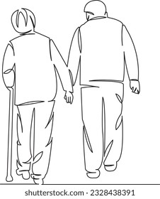 One continuous single drawing line art flat doodle  senior, couple, elderly, old, woman, love, pensioner, aged, age. Isolated image hand draw contour on a white background
