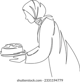 One continuous single drawing line art flat doodle  muslim, female, woman, cake, hijab, food, culinary, baker. Isolated image hand draw contour on a white background
