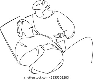 One continuous single drawing line art flat doodle  pregnancy, husband, pregnant, birth, woman, medical, maternity, hospital. Isolated image hand draw contour on a white background
