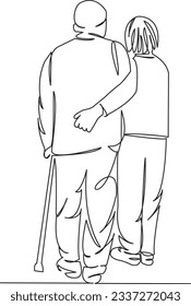 One continuous single drawing line art flat doodle  symbol, sign, senior, old, couple, elderly, woman, love, park, walk, pensioner. Isolated image hand draw contour on a white background

