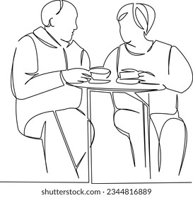 One continuous single drawing line art flat doodle  tea, couple, elderly, cafe, woman, man, cup, coffee, old, happiness. Isolated image hand draw contour on a white background
