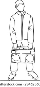 One continuous single drawing line art flat doodle  music, male, boombox, man, young, fun, fashion, cassette, player. Isolated image hand draw contour on a white background
