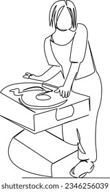 One continuous single drawing line art flat doodle  dj, girl, music, headphone, young, woman, club, disco, fun, audio. Isolated image hand draw contour on a white background
