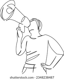 One continuous single drawing line art flat doodle  rally, woman, bullhorn, megaphone, speak, loud, shouting, scream, announcement, concept. Isolated image hand draw contour on a white background
